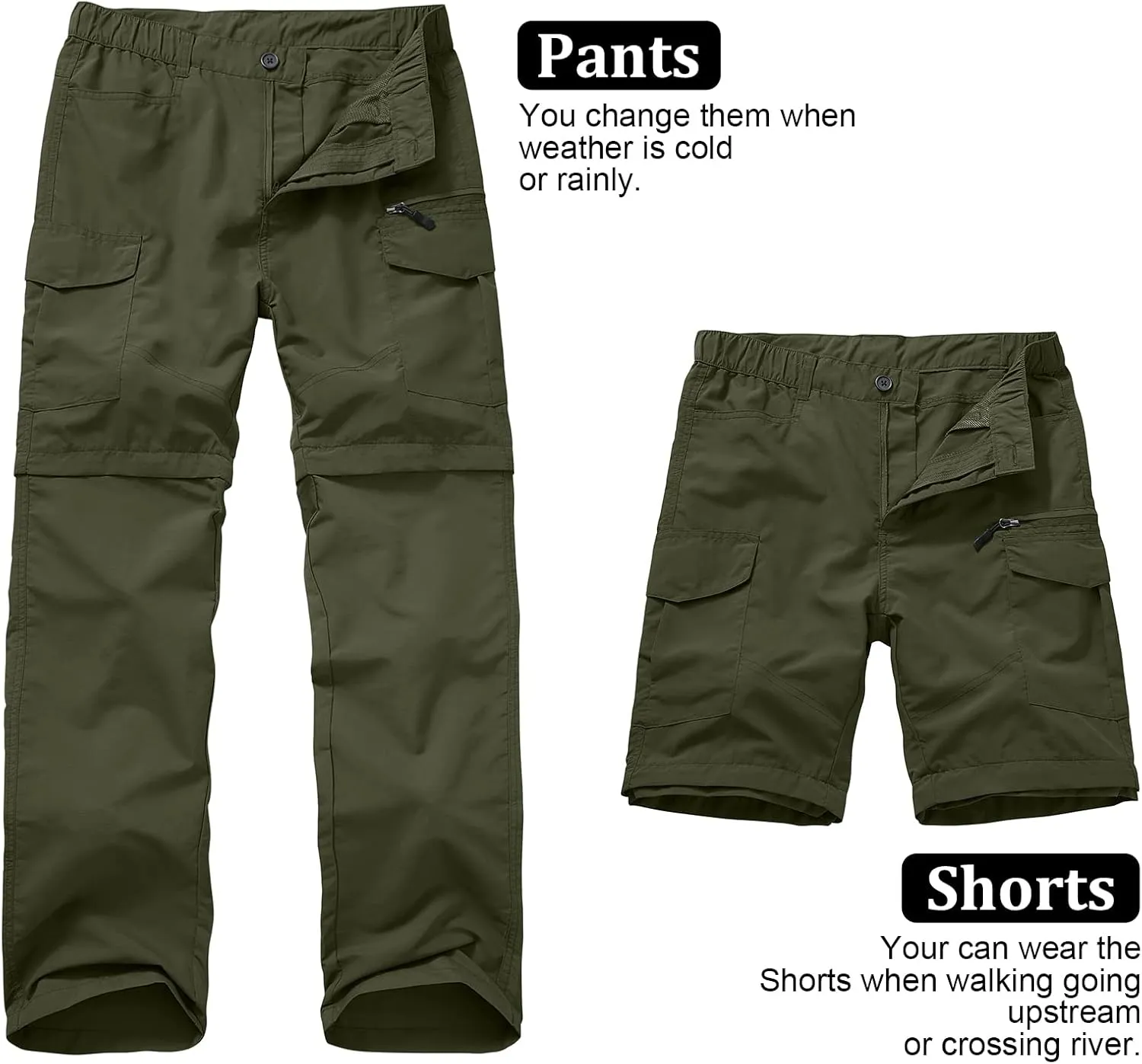 Mens Hiking Pants Quick Dry Lightweight Fishing Convertible Zip Off Safari Trousers
