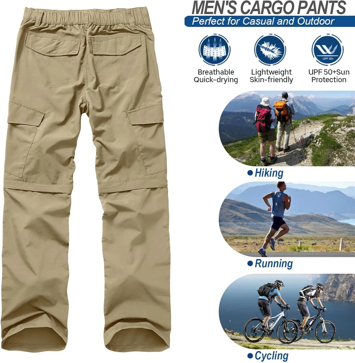 Mens Hiking Pants Quick Dry Lightweight Fishing Convertible Zip Off Safari Trousers