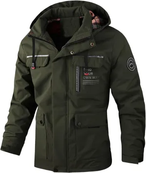 Mens Hooded Parka Jacket Winfproof Waterproof Coat Warm Slim Fit Casual Overcoat with Flip Pockets for Fall Winter