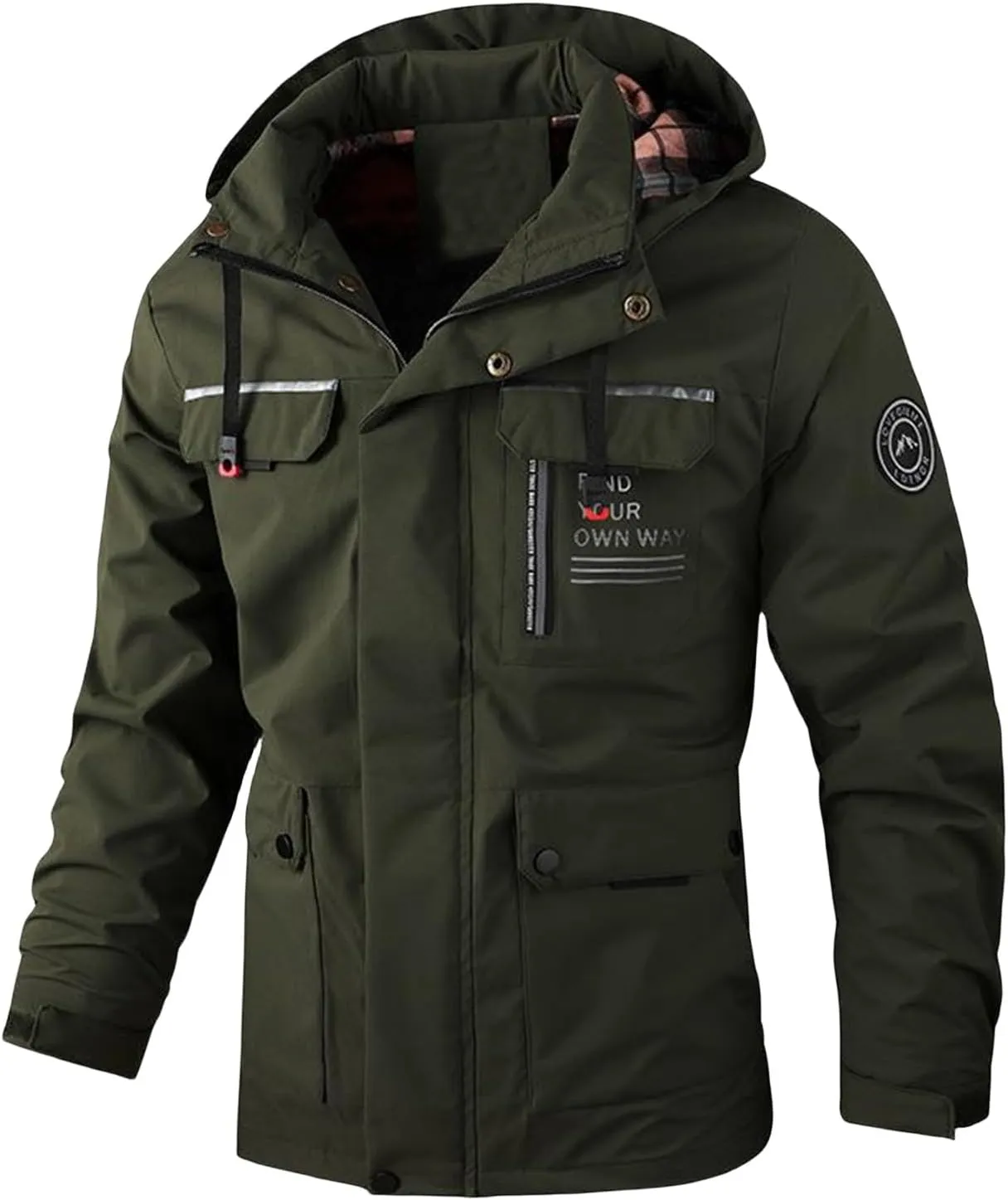Mens Hooded Parka Jacket Winfproof Waterproof Coat Warm Slim Fit Casual Overcoat with Flip Pockets for Fall Winter