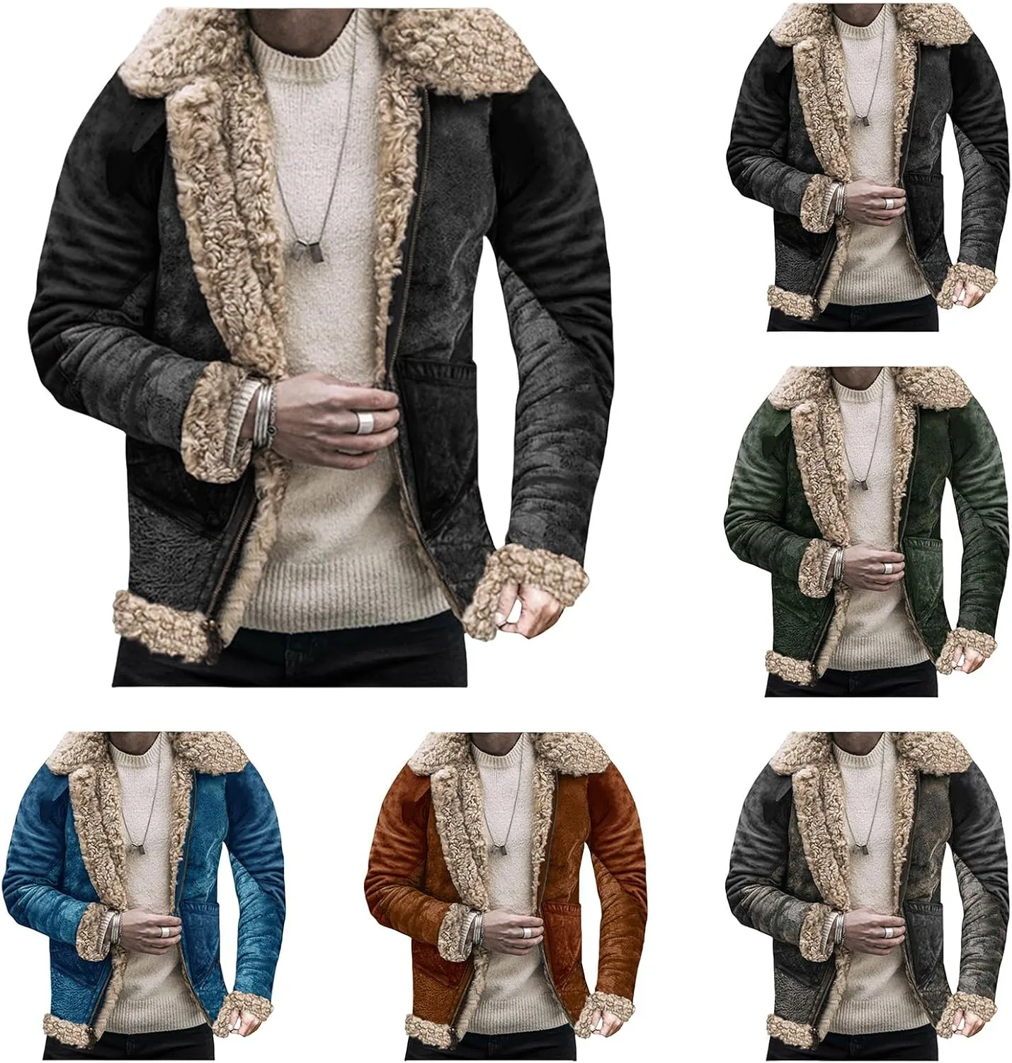 Mens Lamb Wool Bomber Coat Jacket Faux Leather Sherpa Fleece Lined Jackets Heavyweight Suede Faux Fur Trench-Coats Men