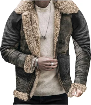 Mens Lamb Wool Bomber Coat Jacket Faux Leather Sherpa Fleece Lined Jackets Heavyweight Suede Faux Fur Trench-Coats Men