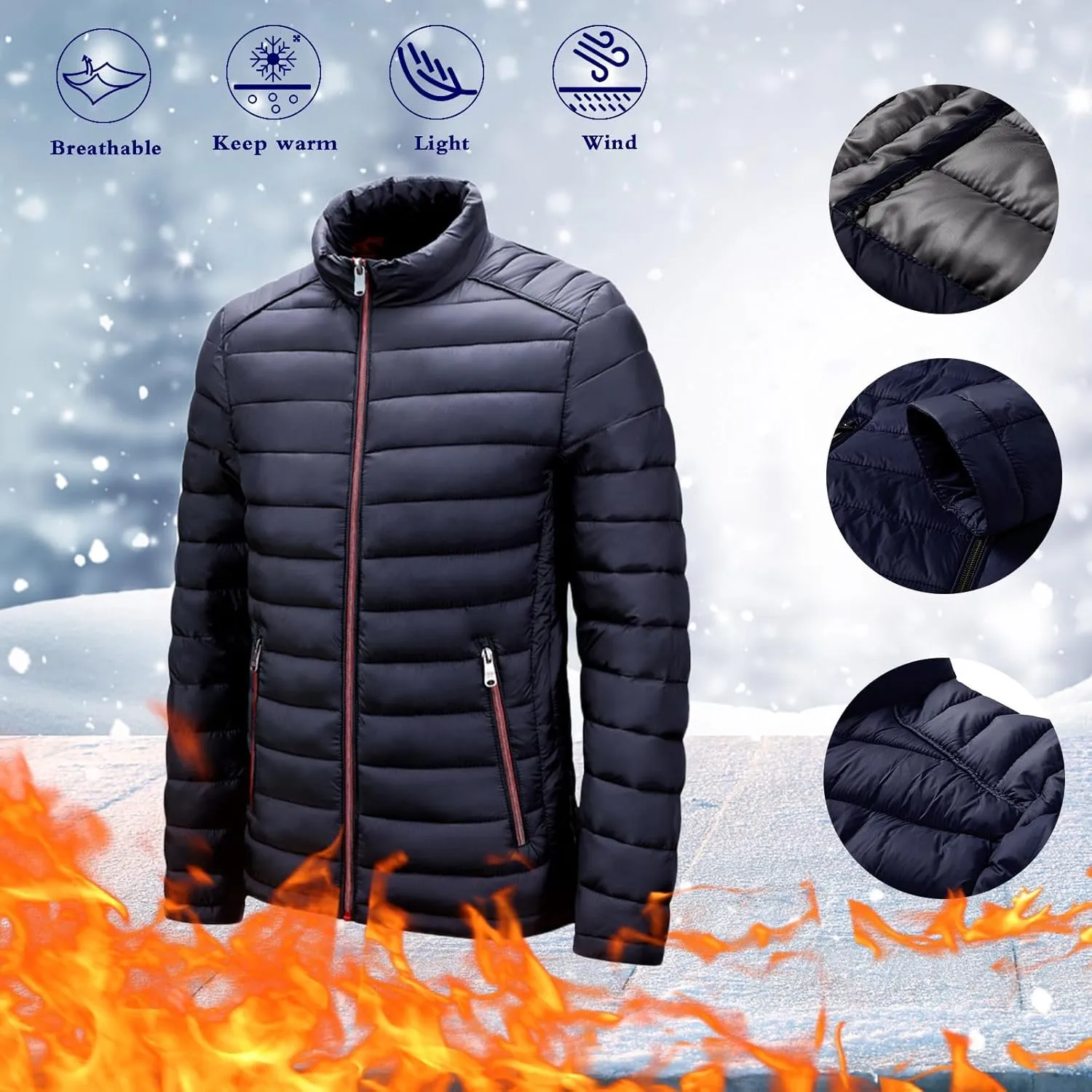 Men's Lightweight Puffer Jacket Men's Plush Autumn&Winter Color Long Solid Jacket Hooded Windproof Insulated Jacket