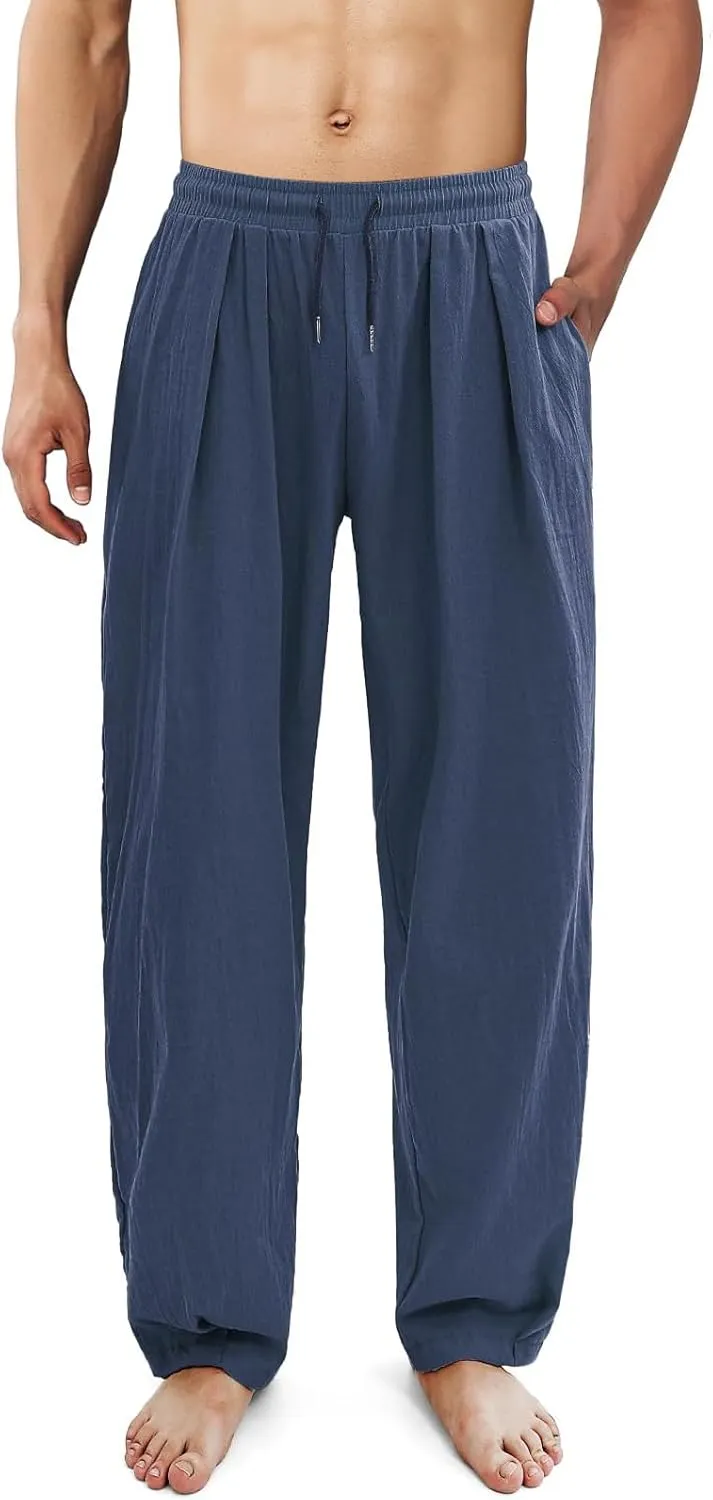Men's Linen Pants Casual Drawstring Beach Pants Stretch Waist Summer Pants Lightweight Trouser with Pockets