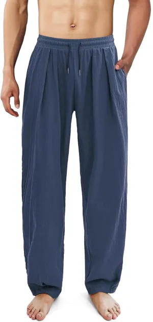 Men's Linen Pants Casual Drawstring Beach Pants Stretch Waist Summer Pants Lightweight Trouser with Pockets