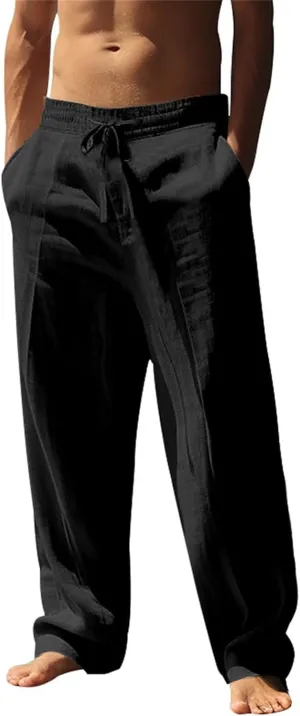 Mens Linen Pants Elastic Waist Drawstring Beach Casual Pants Summer Pants Lightweight Linen Trouser