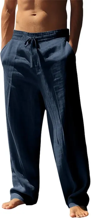 Mens Linen Pants Elastic Waist Drawstring Beach Casual Pants Summer Pants Lightweight Linen Trouser
