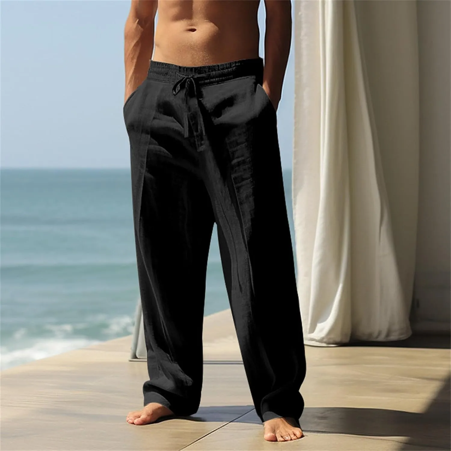 Mens Linen Pants Elastic Waist Drawstring Beach Casual Pants Summer Pants Lightweight Linen Trouser