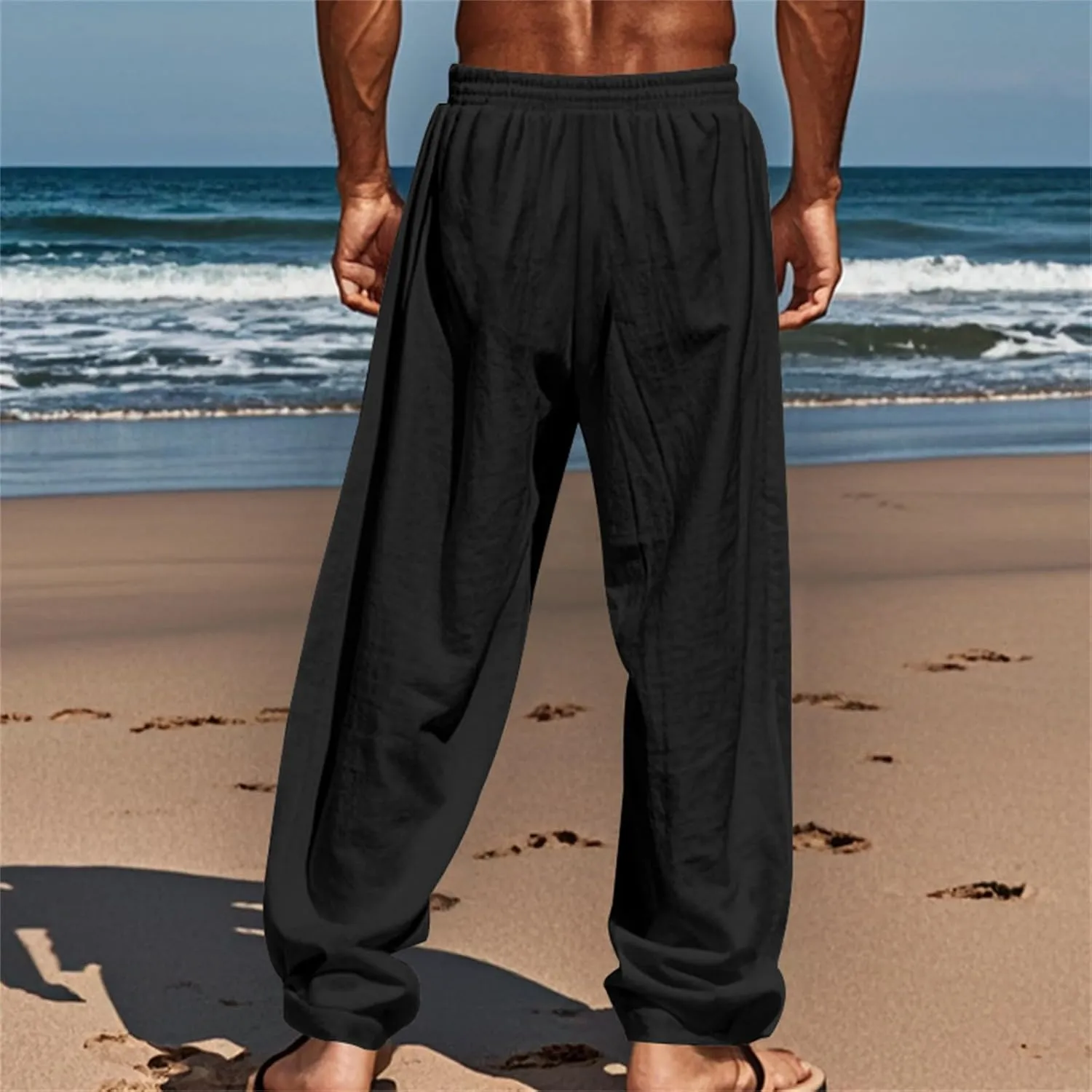 Mens Linen Pants Elastic Waist Drawstring Beach Casual Pants Summer Pants Lightweight Linen Trouser