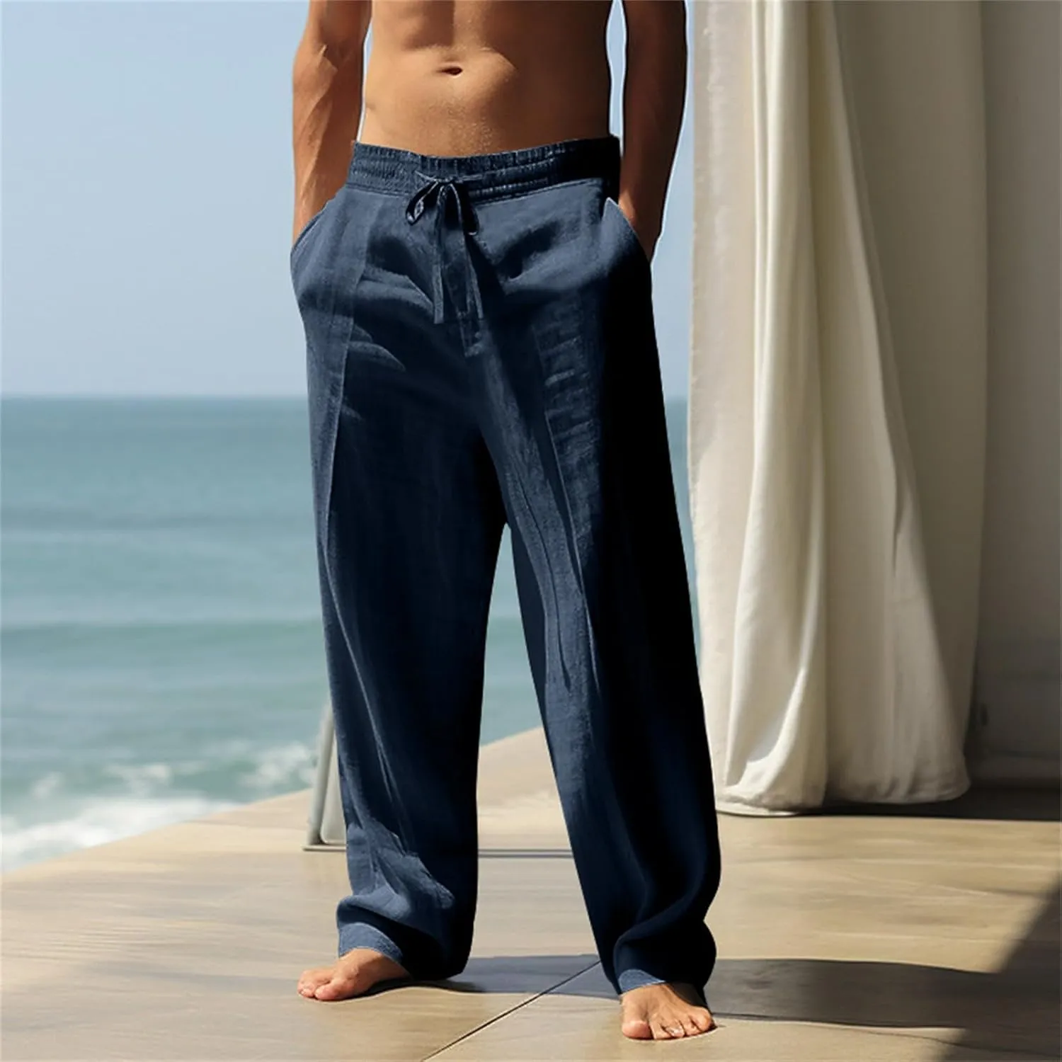 Mens Linen Pants Elastic Waist Drawstring Beach Casual Pants Summer Pants Lightweight Linen Trouser