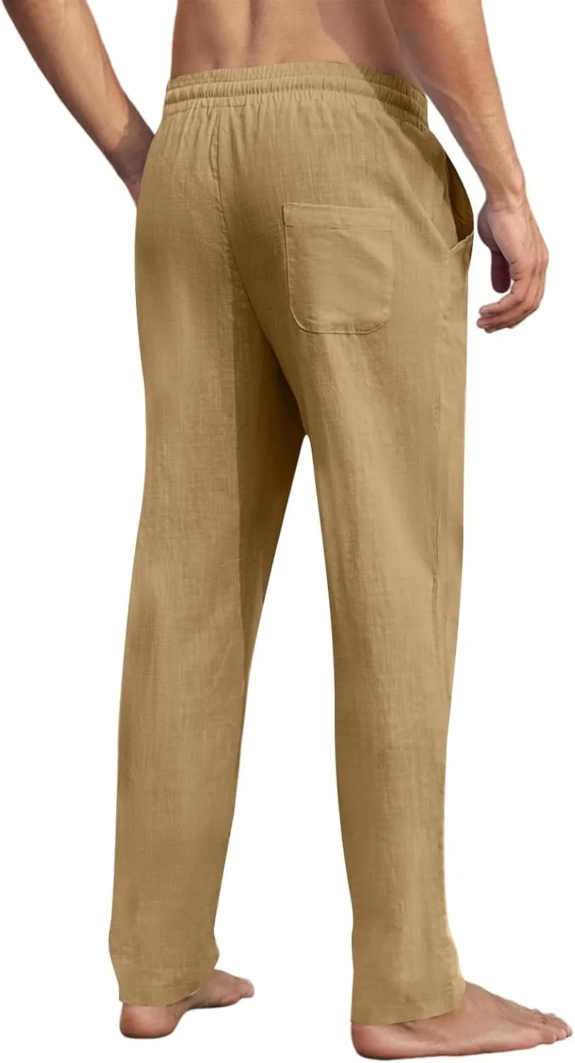 Men's Linen Pants Tall Elastic Waist Drawstring Beach Pants Summer Pants with Pockets Lightweight Trousers