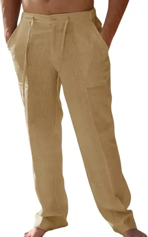 Men's Linen Pants Tall Elastic Waist Drawstring Beach Pants Summer Pants with Pockets Lightweight Trousers