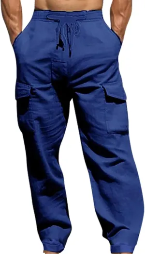 Men's Linen Pants Tall Elastic Waist Drawstring Pants Beach Palazzo Summer Pants Lightweight Trousers with Pockets