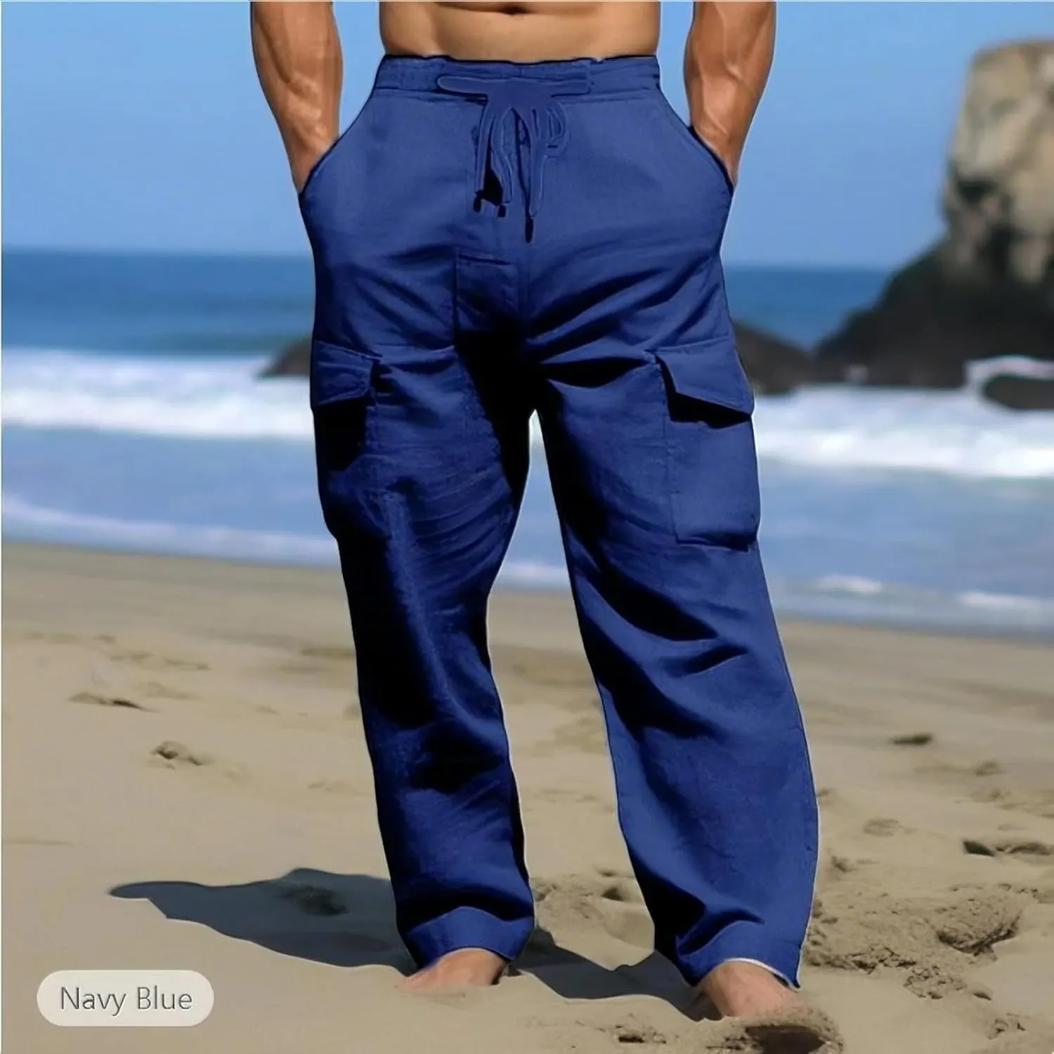 Men's Linen Pants Tall Elastic Waist Drawstring Pants Beach Palazzo Summer Pants Lightweight Trousers with Pockets