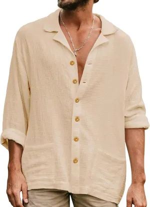 Mens Linen Shirts Big and Tall Oversized Button Down Shirt Long Sleeve Beach Top Baggy Fit Breathable Beach Cardigan