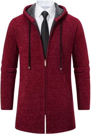 Mens Long Hooded Jackets Fleece Zip up Hoodies Cardigan Fit Business Jacket Casual Long Sleeves Fashion Plain Coats