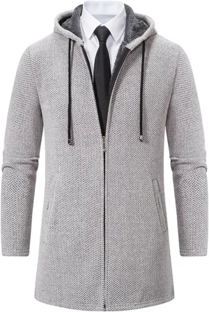 Mens Long Hooded Jackets Fleece Zip up Hoodies Cardigan Fit Business Jacket Casual Long Sleeves Fashion Plain Coats