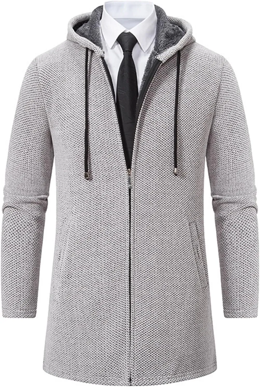 Mens Long Hooded Jackets Fleece Zip up Hoodies Cardigan Fit Business Jacket Casual Long Sleeves Fashion Plain Coats