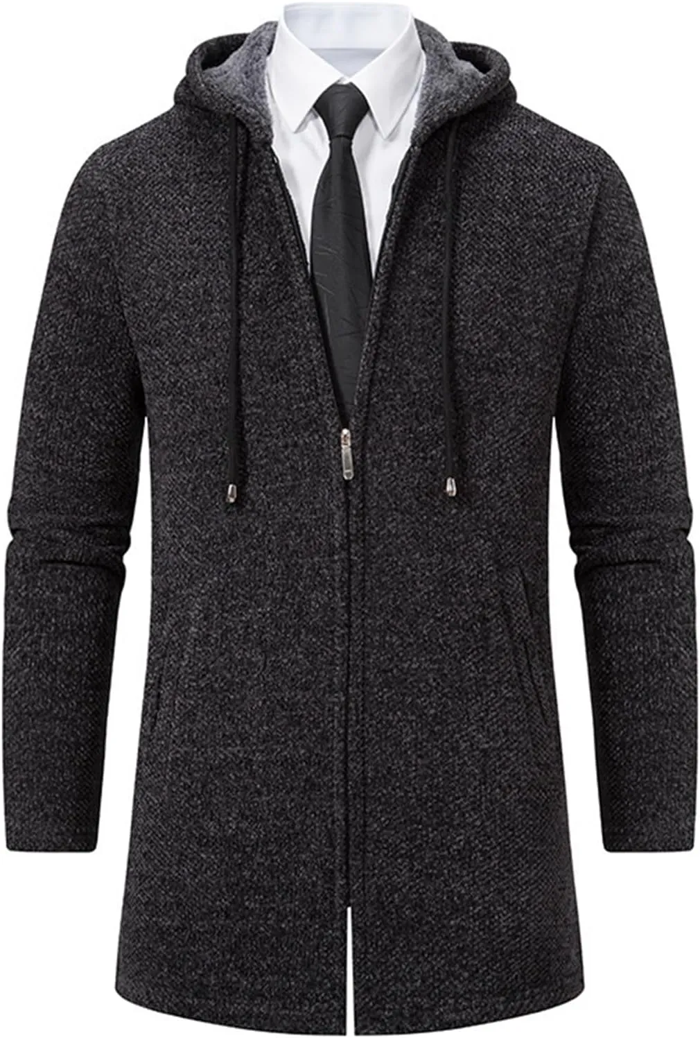 Mens Long Hooded Jackets Fleece Zip up Hoodies Cardigan Fit Business Jacket Casual Long Sleeves Fashion Plain Coats