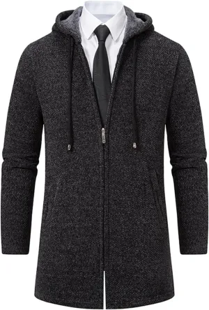 Mens Long Hooded Jackets Fleece Zip up Hoodies Cardigan Fit Business Jacket Casual Long Sleeves Fashion Plain Coats