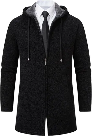 Mens Long Hooded Jackets Fleece Zip up Hoodies Cardigan Fit Business Jacket Casual Long Sleeves Fashion Plain Coats
