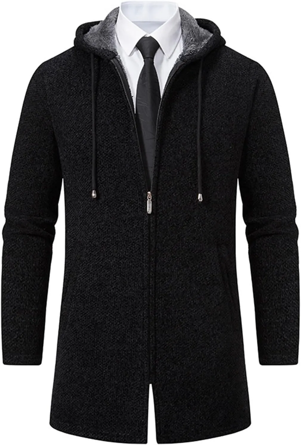 Mens Long Hooded Jackets Fleece Zip up Hoodies Cardigan Fit Business Jacket Casual Long Sleeves Fashion Plain Coats