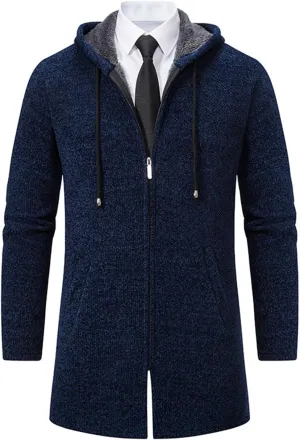 Mens Long Hooded Jackets Fleece Zip up Hoodies Cardigan Fit Business Jacket Casual Long Sleeves Fashion Plain Coats
