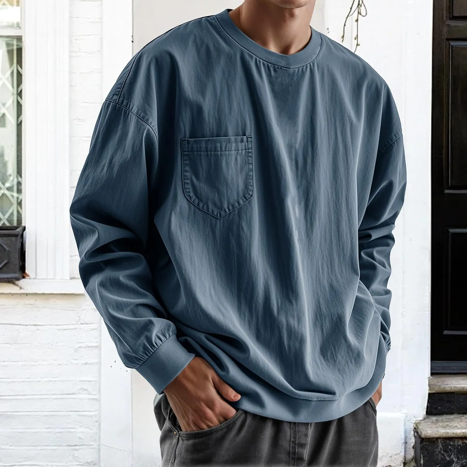 Mens Long Sleeve Oversized Tshirts 2025 Crewneck Classic Round Neck T-Shirt Casual Distressed Washed Tops with Pocket