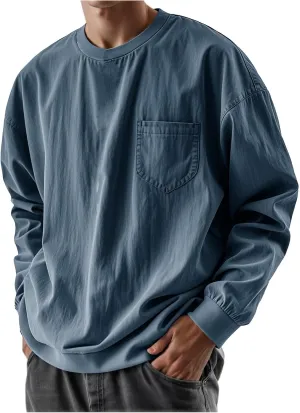Mens Long Sleeve Oversized Tshirts 2025 Crewneck Classic Round Neck T-Shirt Casual Distressed Washed Tops with Pocket