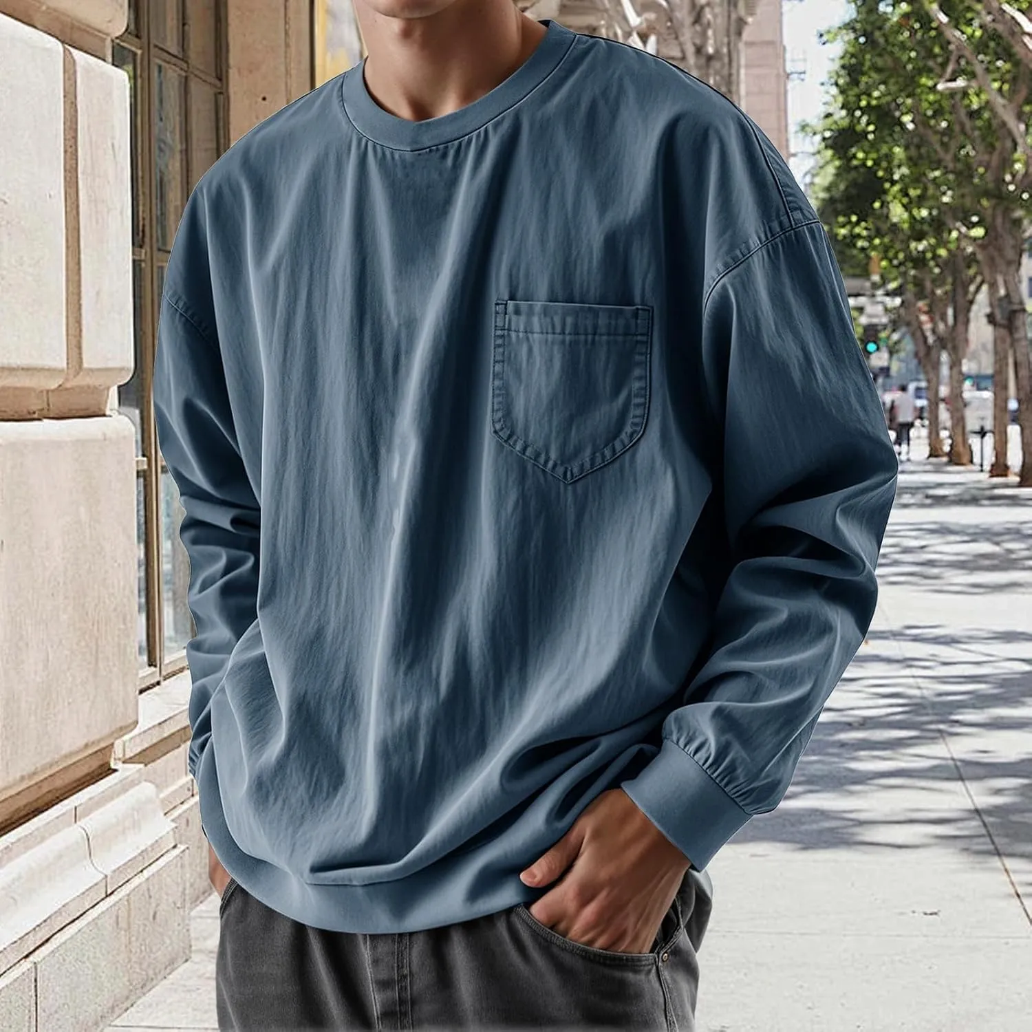 Mens Long Sleeve Oversized Tshirts 2025 Crewneck Classic Round Neck T-Shirt Casual Distressed Washed Tops with Pocket