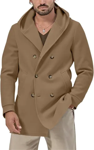 Mens Mid Length Trench Coat Wool Blend Jacket Hooded Double Breasted Overcoat Lightweight Casual Coat with Pockets