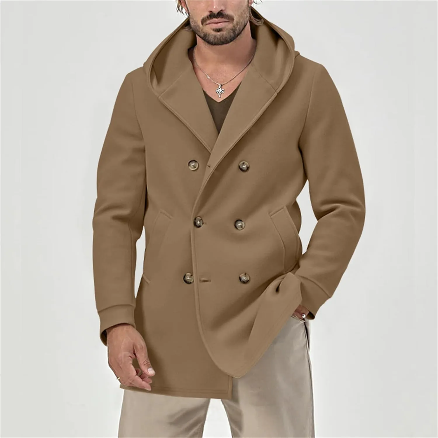 Mens Mid Length Trench Coat Wool Blend Jacket Hooded Double Breasted Overcoat Lightweight Casual Coat with Pockets