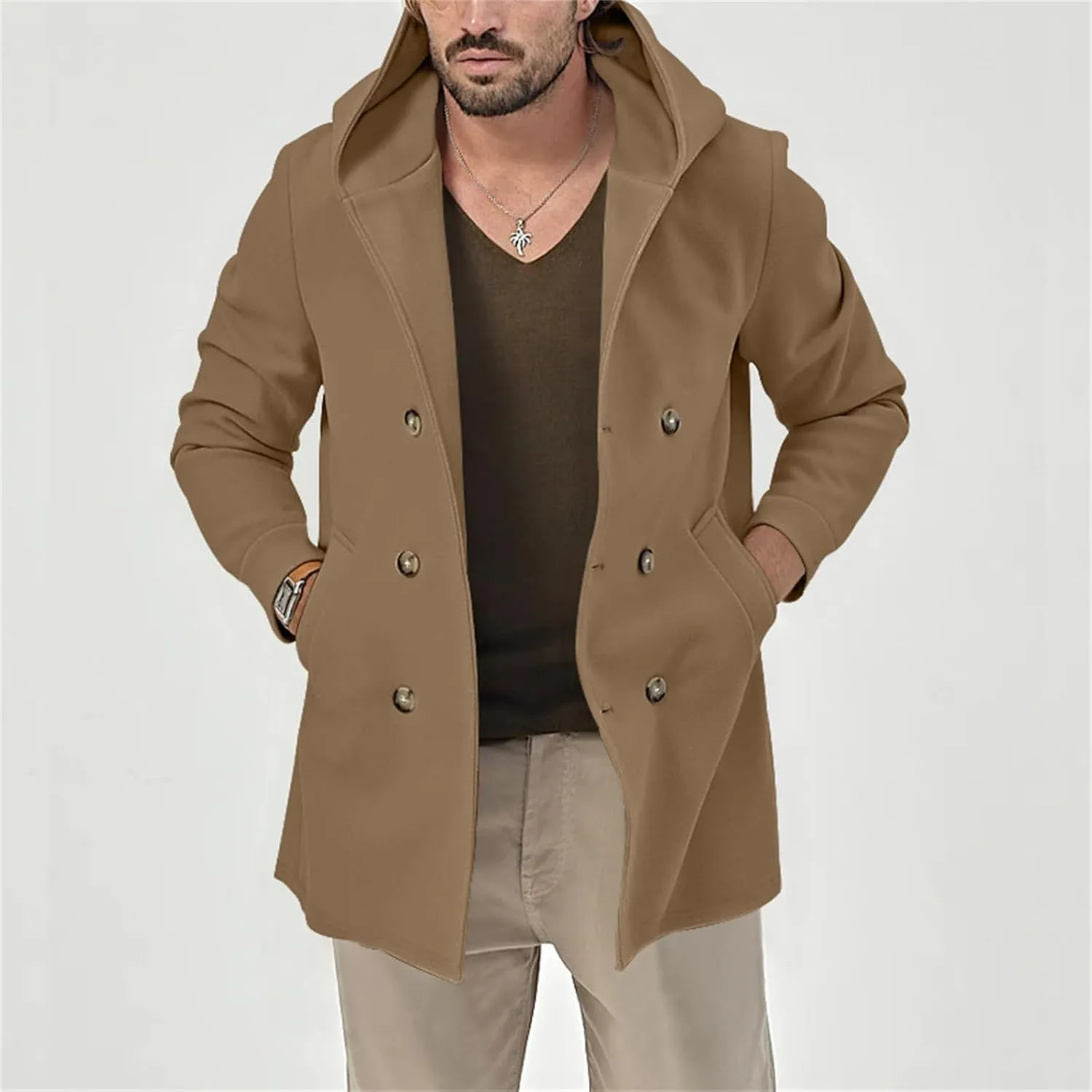 Mens Mid Length Trench Coat Wool Blend Jacket Hooded Double Breasted Overcoat Lightweight Casual Coat with Pockets