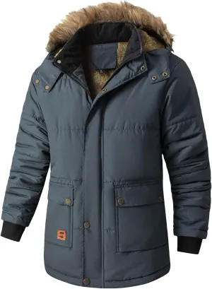 Men's Oversized Fleece Lined Hooded Jacket Thickened Puffer Parka Warm Outdoor Casual Overcoats with Pockets