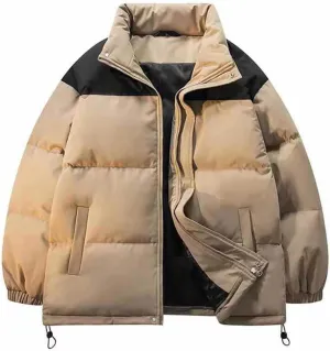 Mens Oversized Puffer Jacket Winter Warm Thick Down Coat Trendy Color Block Puffy Jacket Outerwear with Pockets 2024