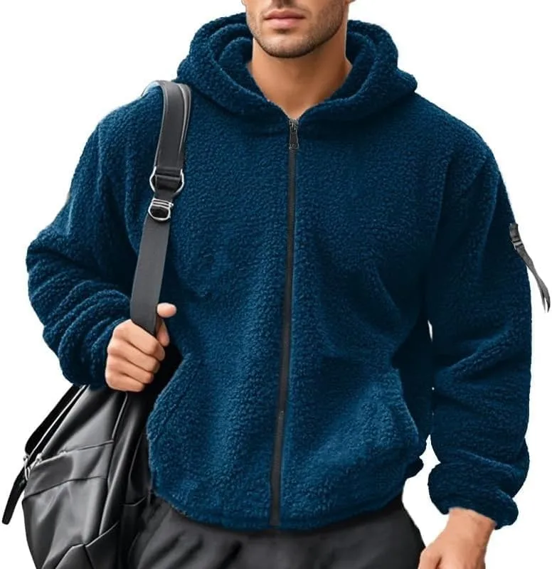 Men's Sherpa-Lined Athletic Hoodie Zip-Up Fleece Jacket Warm Sports Coat with Pockets