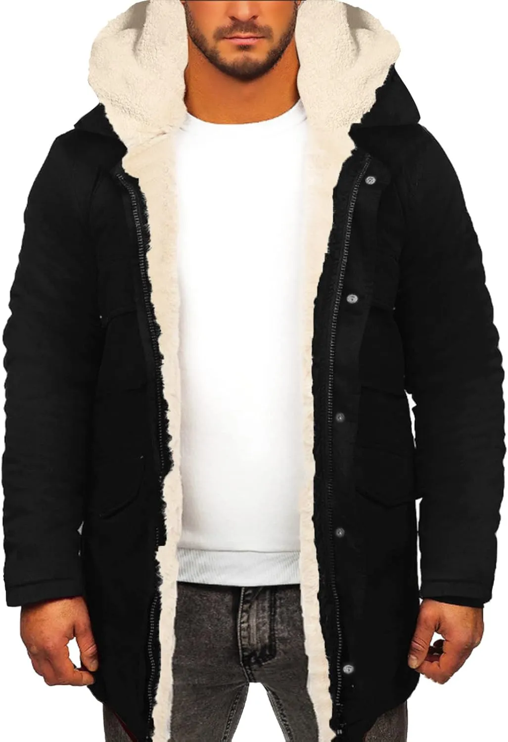 Men's Sherpa Lined Jacket with Hood Snaps Zipper Winter Thicken Warm Coats Casual Loose Stylish Shearling Faux Suede Jackets