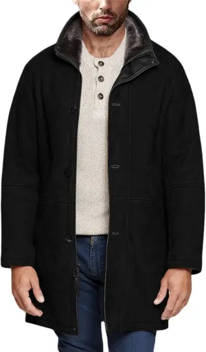 Men's Sherpa Lined Long Jacket Button Zip Up Faux Suede Leather Thermal Coat Warm Winter Sheepskin Fleece Lined Coats
