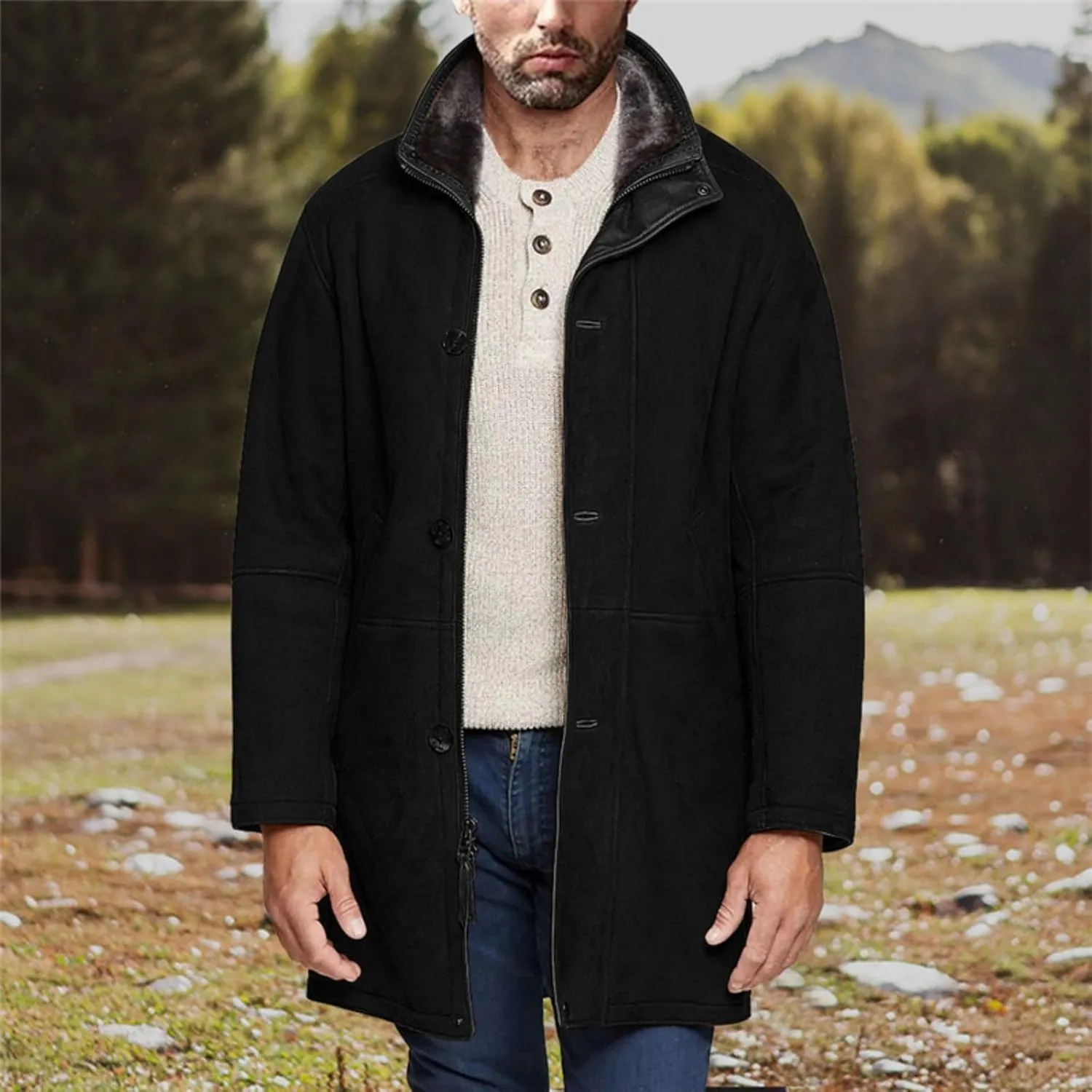 Men's Sherpa Lined Long Jacket Button Zip Up Faux Suede Leather Thermal Coat Warm Winter Sheepskin Fleece Lined Coats