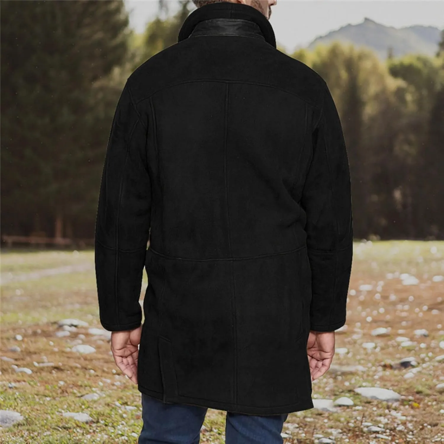 Men's Sherpa Lined Long Jacket Button Zip Up Faux Suede Leather Thermal Coat Warm Winter Sheepskin Fleece Lined Coats