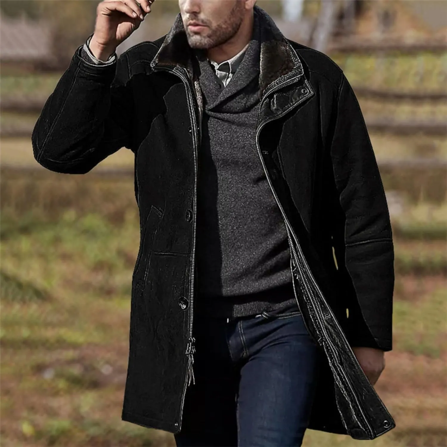 Men's Sherpa Lined Long Jacket Button Zip Up Faux Suede Leather Thermal Coat Warm Winter Sheepskin Fleece Lined Coats