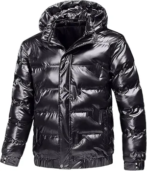 Mens Shiny Puffer Jacket Packable Black Bubble Winter Warm Waterproof Jackets Quilted Parka Hooded Outdoor Ski Coats