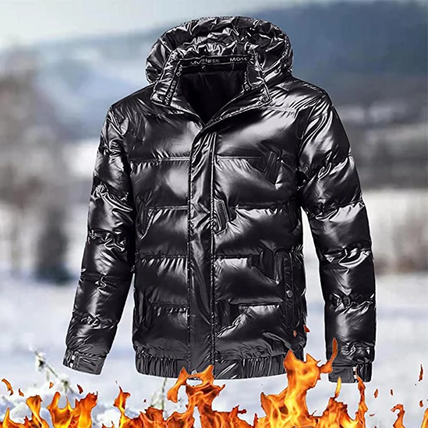 Mens Shiny Puffer Jacket Packable Black Bubble Winter Warm Waterproof Jackets Quilted Parka Hooded Outdoor Ski Coats