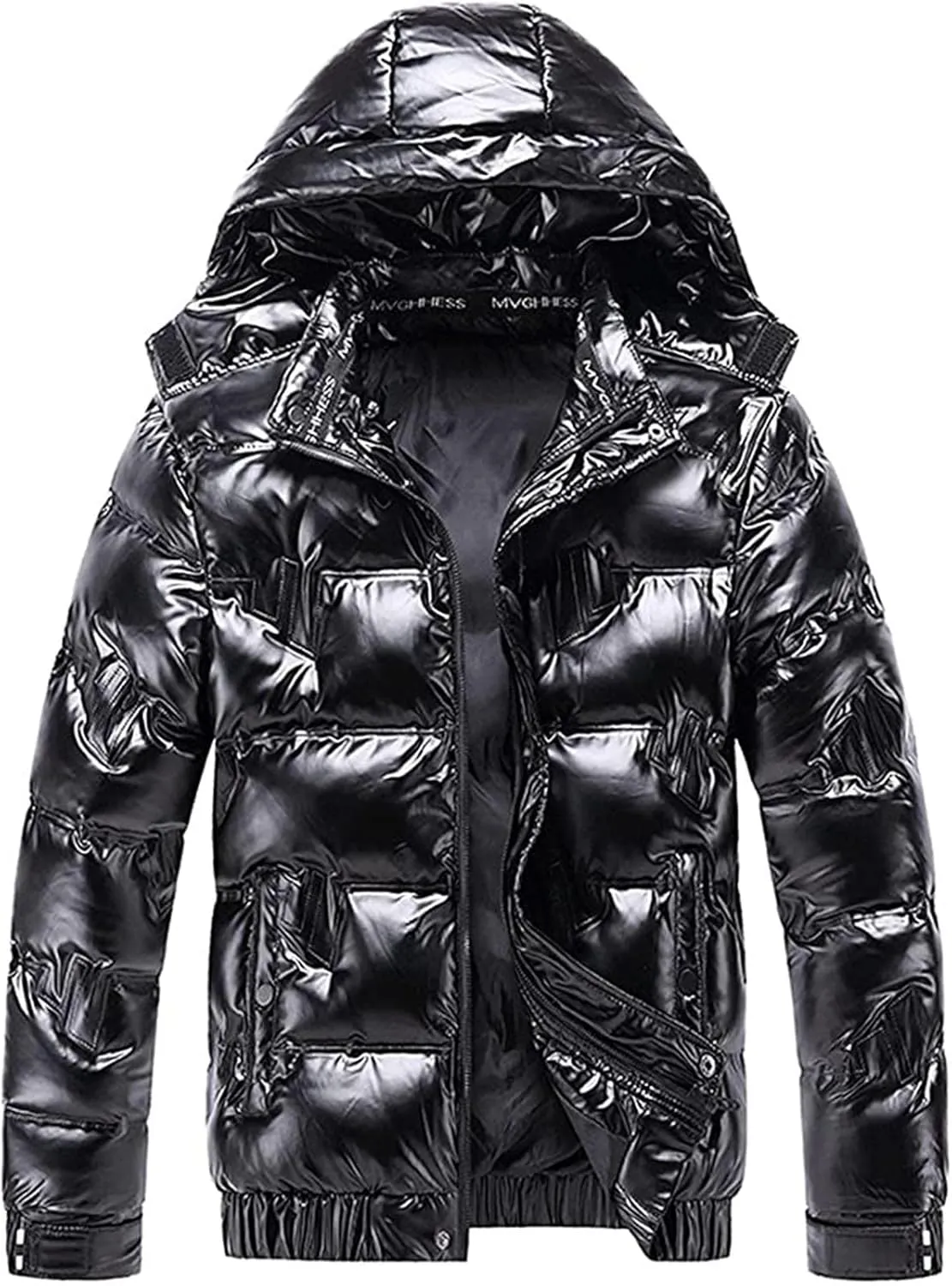 Mens Shiny Puffer Jacket Packable Black Bubble Winter Warm Waterproof Jackets Quilted Parka Hooded Outdoor Ski Coats