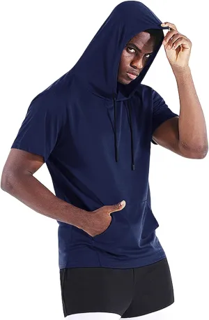 Mens Short Sleeve Hoodies Running Workout Gym Swetshirts Muscle Fit Sport Moisture Wicking Tees UPF 50  Active Tops