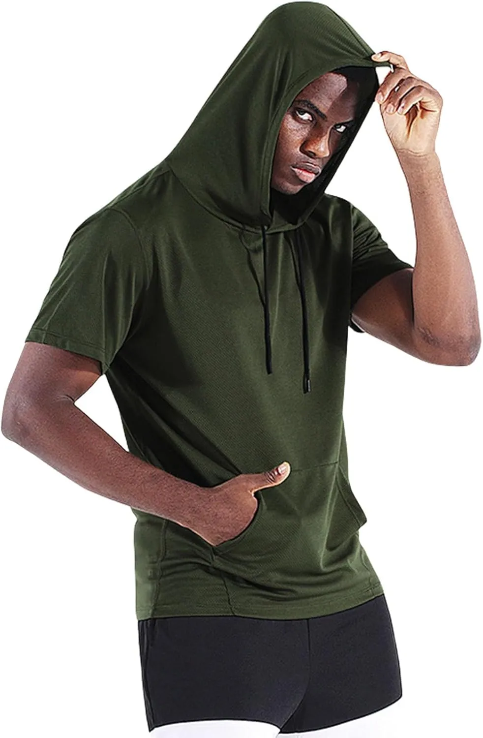 Mens Short Sleeve Hoodies Running Workout Gym Swetshirts Muscle Fit Sport Moisture Wicking Tees UPF 50  Active Tops