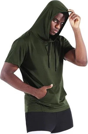 Mens Short Sleeve Hoodies Running Workout Gym Swetshirts Muscle Fit Sport Moisture Wicking Tees UPF 50  Active Tops