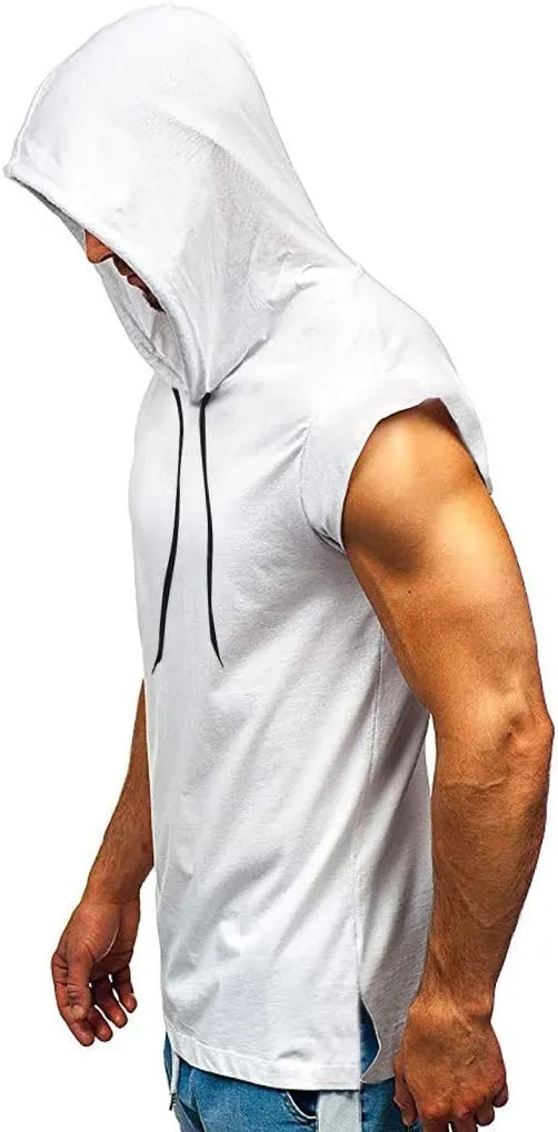 Men's Sleeveless Hoodie Shirts with Face Mask Turtleneck Compression Tank Tops Workout Gym Running Base Layer Sportswear
