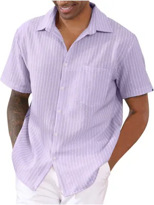Mens Summer Short Sleeve Beach Shirt Button Down Cardigan Light Weight Casual Vacation Tops Striped Hawaiian Shirt