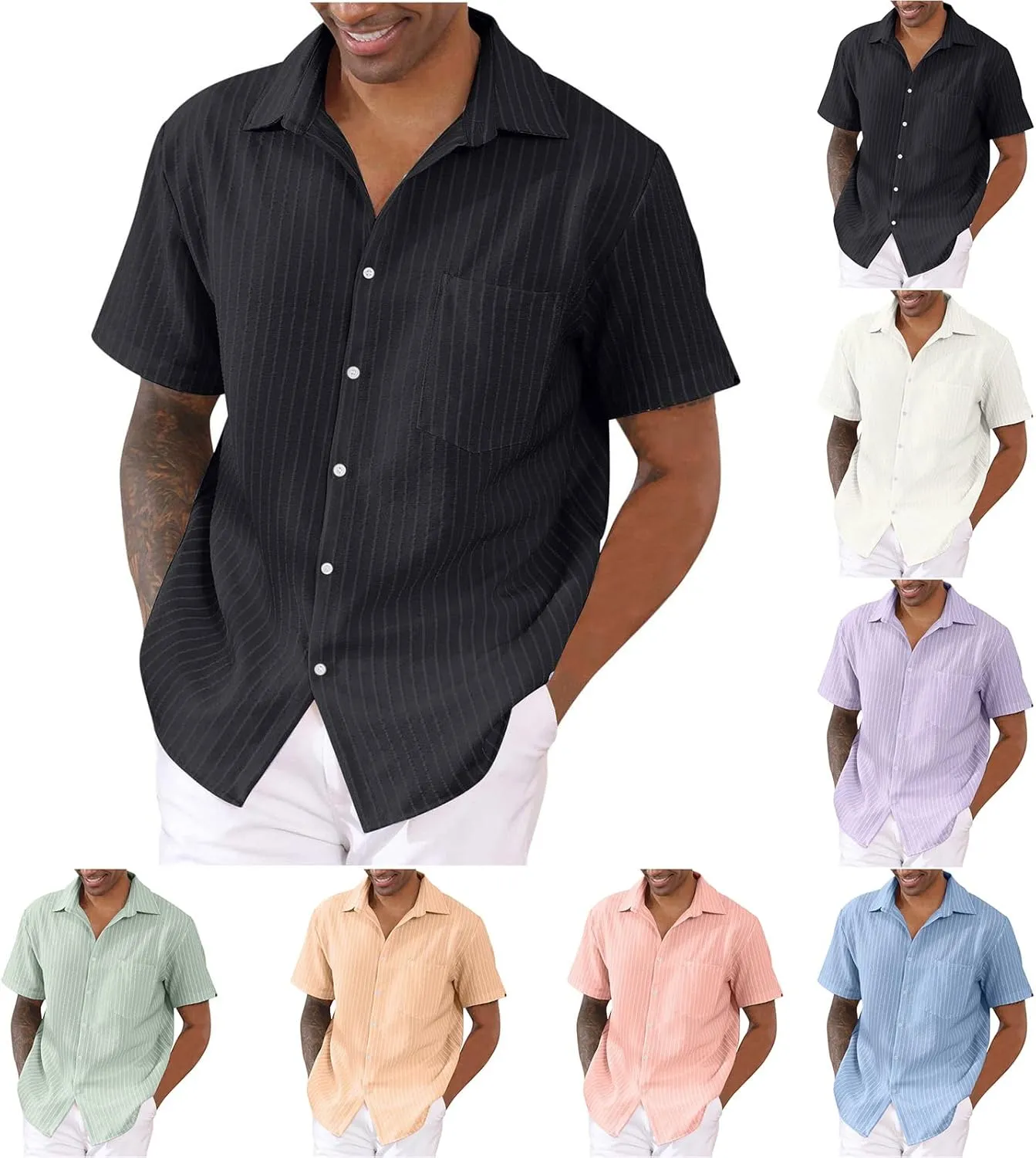Mens Summer Short Sleeve Beach Shirt Button Down Cardigan Light Weight Casual Vacation Tops Striped Hawaiian Shirt